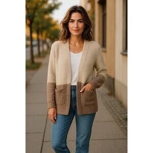 Bohme Plush Colorblock Long Sleeve Open Front  Cardigan Cream Tan Womens Size XS